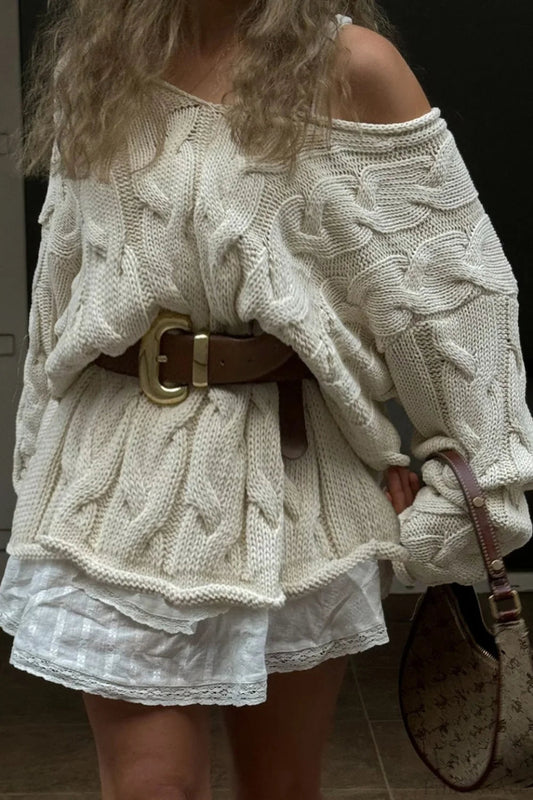 V-neck Loose Mid-length Cable Knit Long Sleeve Sweater