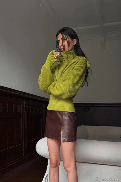 Vintagetwo-in-one Wide Lapel Zipper Sweater