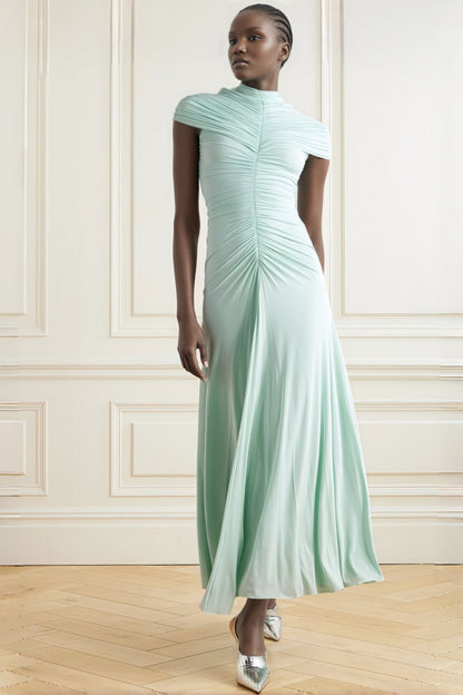 Gini Fitted Half-high Neck Pleated Maxi Dress