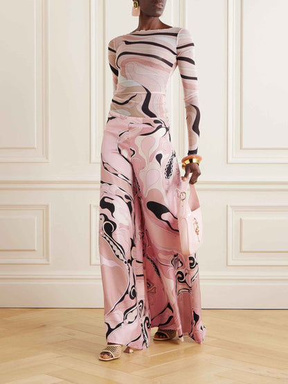 Retro Abstract Print Wide-leg Pants