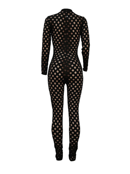 Sxy See Through Zipper Design Pierced Skinny Jumpsuit Bo2135