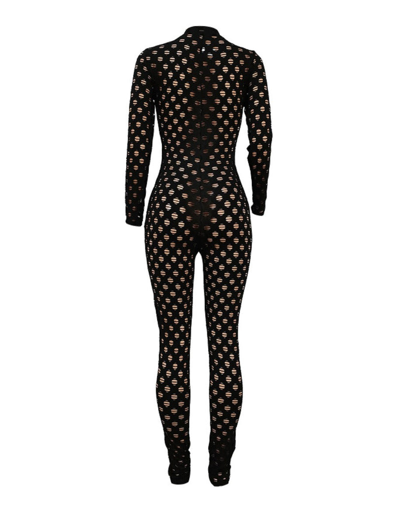 Sxy See Through Zipper Design Pierced Skinny Jumpsuit Bo2135