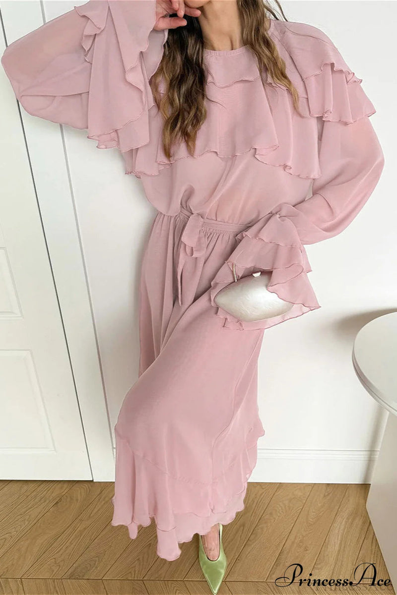 Waist Cinch Ruffled Semi Sheer Maxi Dress