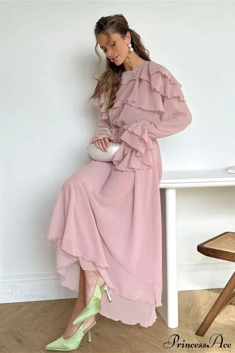 Waist Cinch Ruffled Semi Sheer Maxi Dress