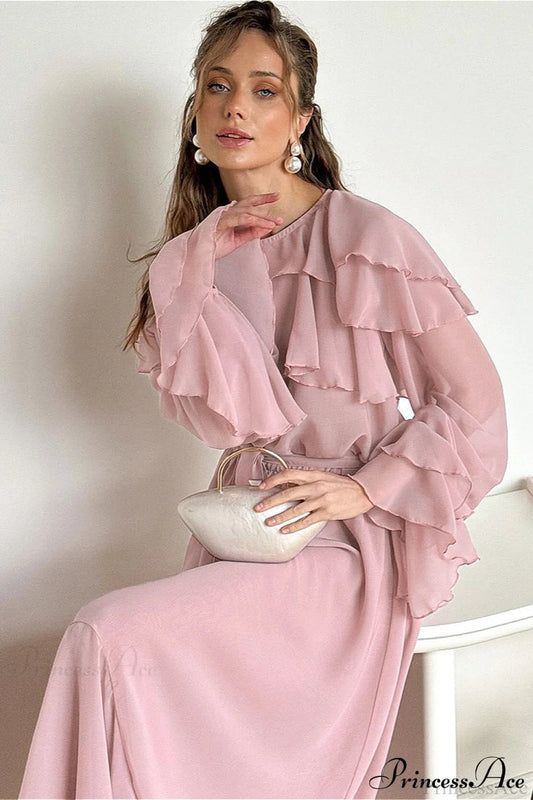 Waist Cinch Ruffled Semi Sheer Maxi Dress