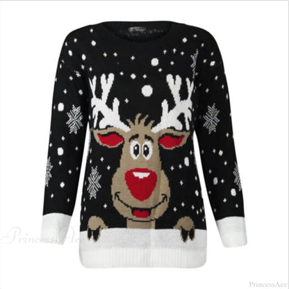 Warm Long Sleeves Fur Collar Cartoon Reindeer Print Christmas Christmas Sweater