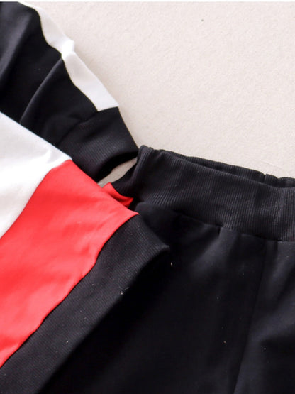 Boy Hooded Collar Striped Patchwork Pants Set Bo2162