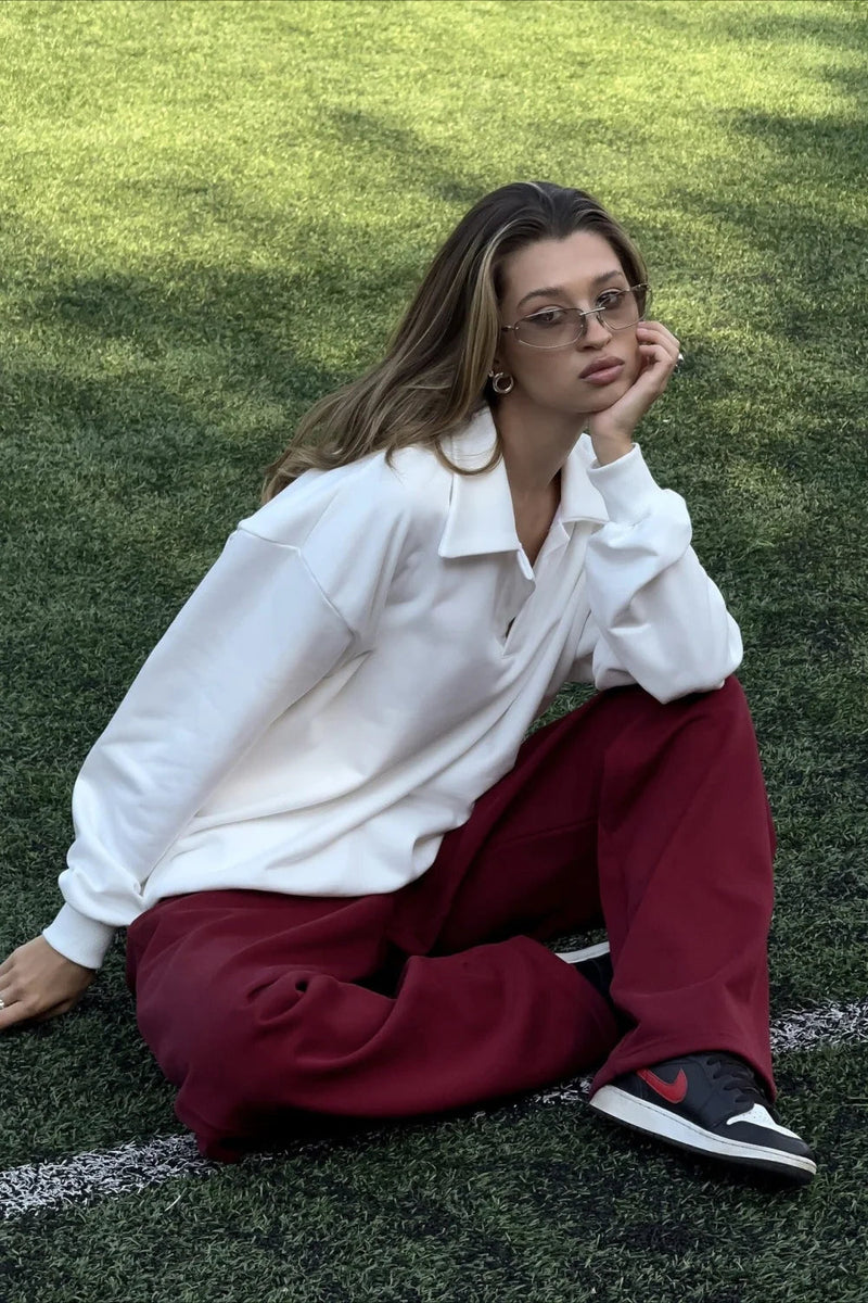 White Loose Top Elastic Red Pants Two Piece Set
