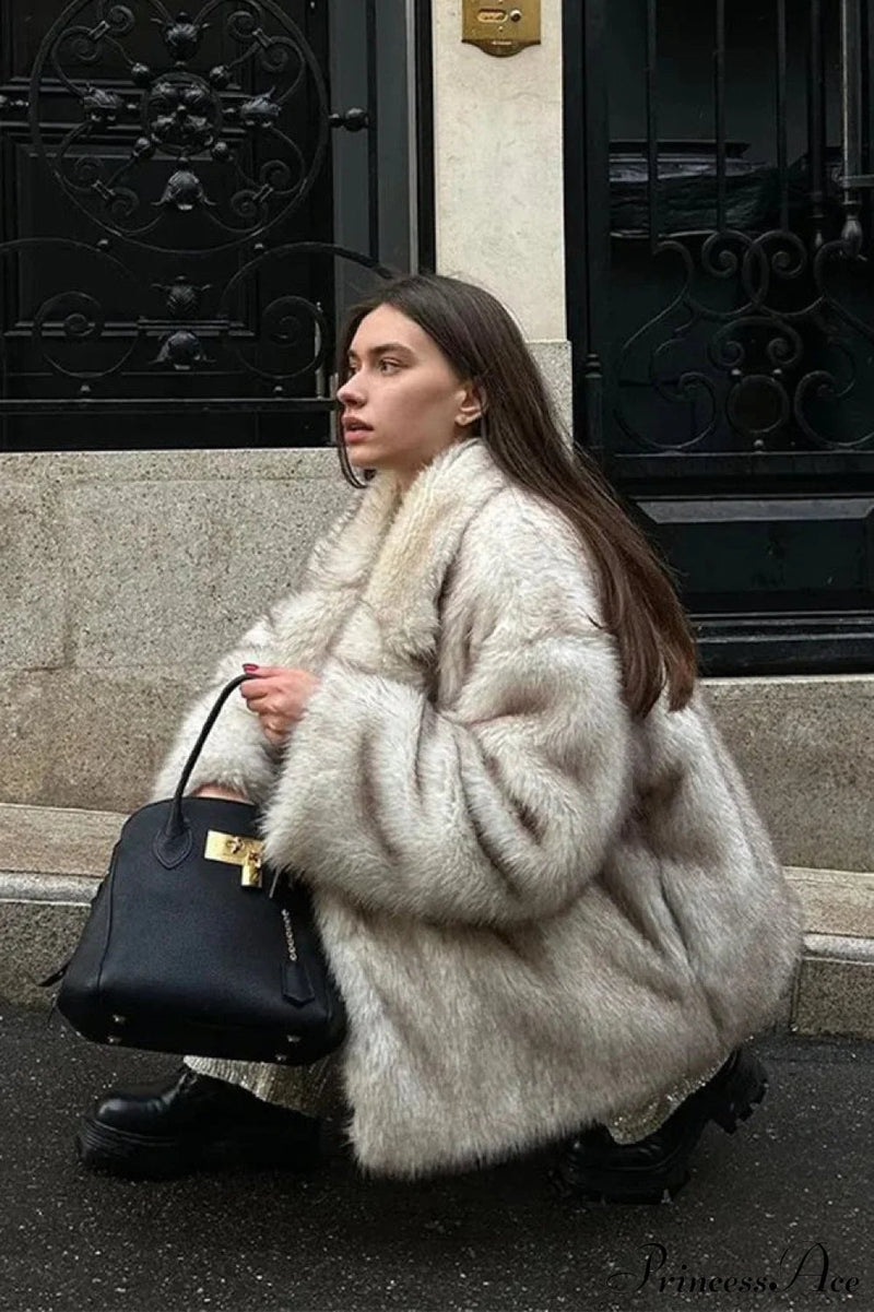 White Tip-dyed Faux Fox Fur Mid-length Coat
