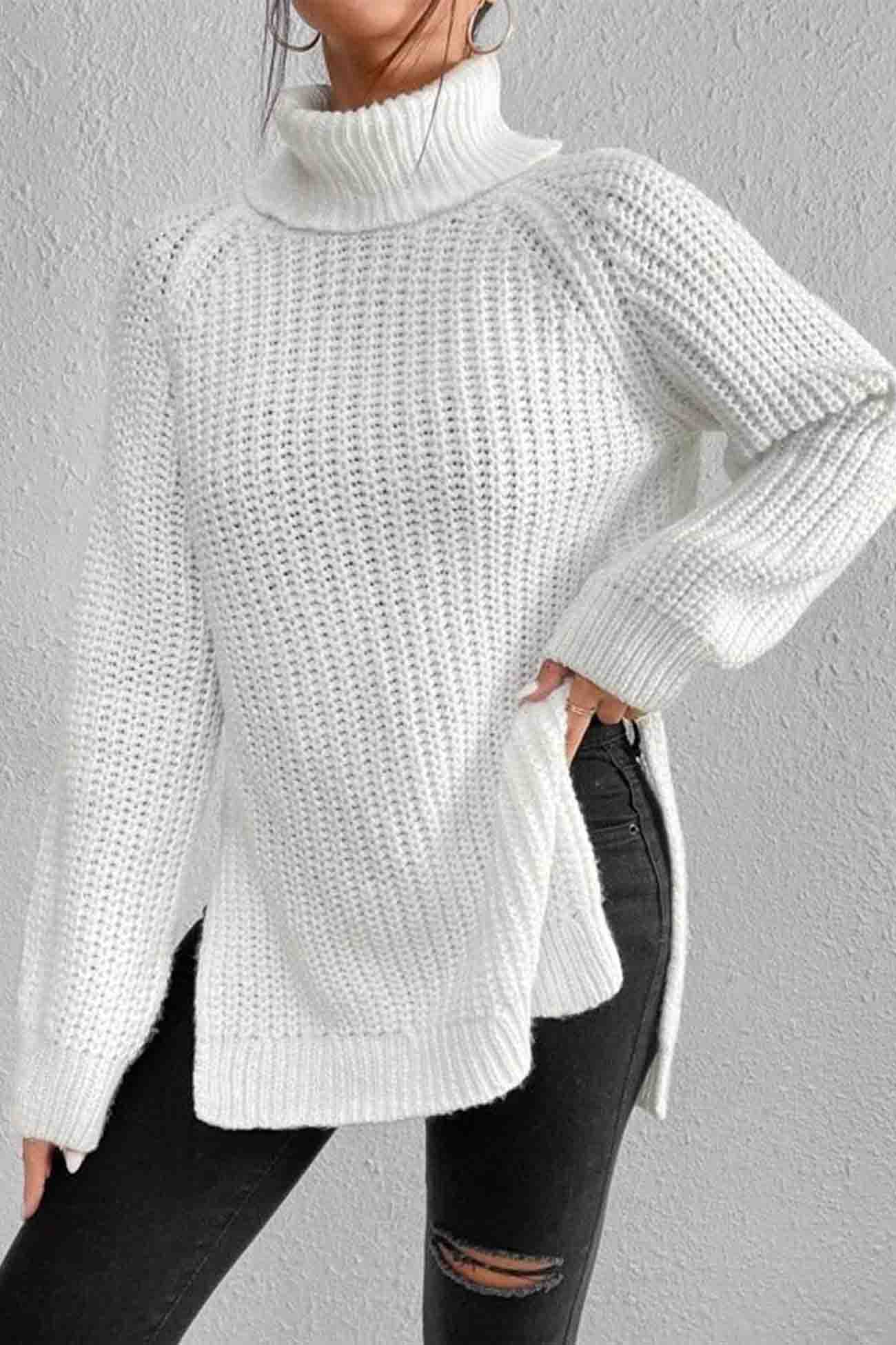 Raglan Sleeve Turtleneck Slit Mid-length Sweater