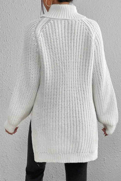 Raglan Sleeve Turtleneck Slit Mid-length Sweater