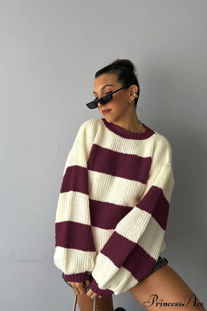 Wide Stripe Colorblock Oversized Crew Neck Pullover Sweater
