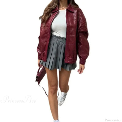 Wine Red Pu Leather Zipper Coat