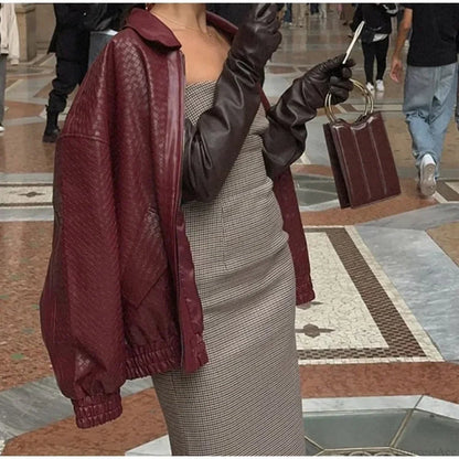 Wine Red Pu Leather Zipper Coat