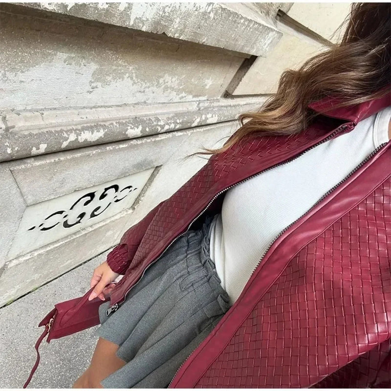Wine Red Pu Leather Zipper Coat