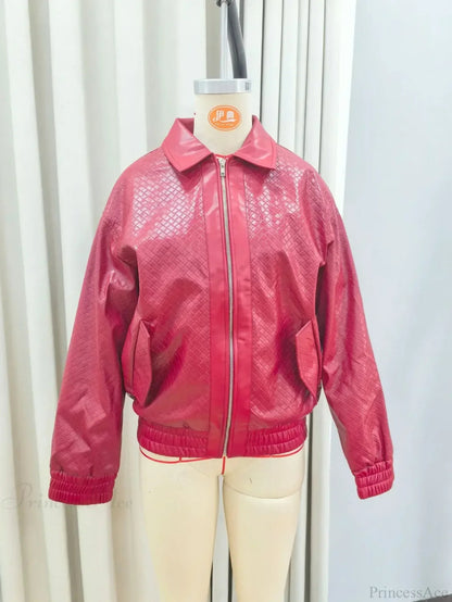 Wine Red Pu Leather Zipper Coat