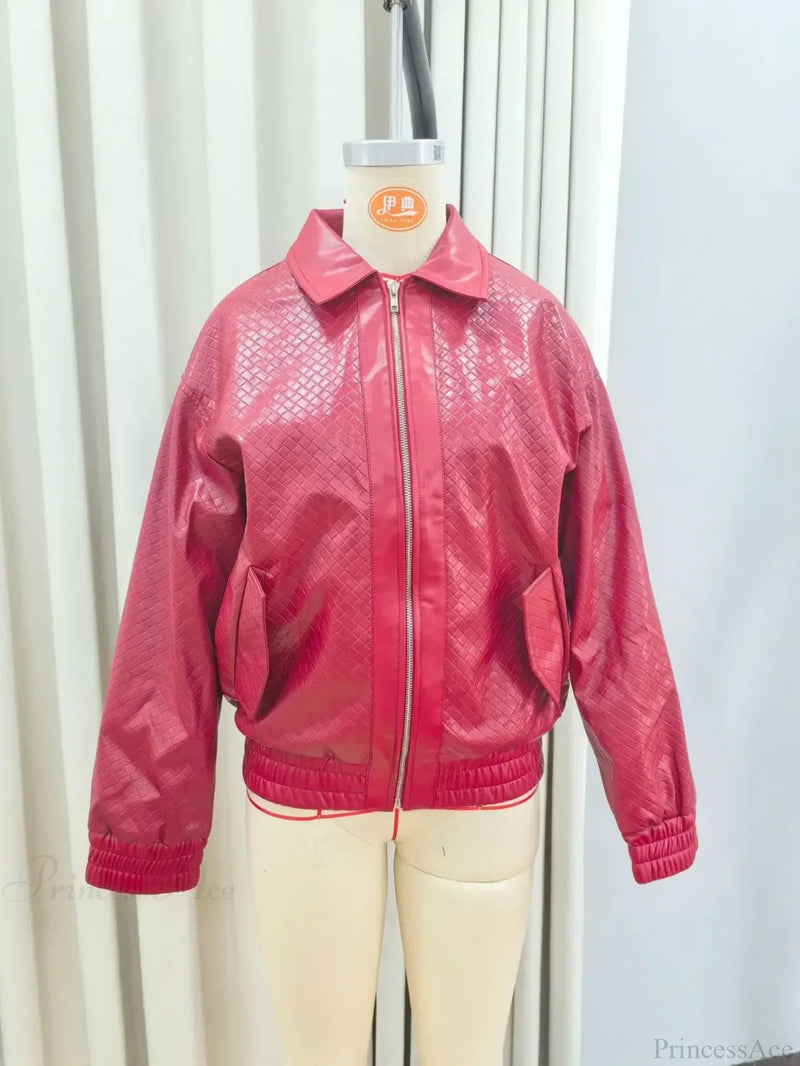 Wine Red Pu Leather Zipper Coat