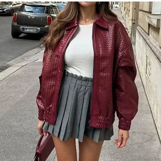 Wine Red Pu Leather Zipper Coat