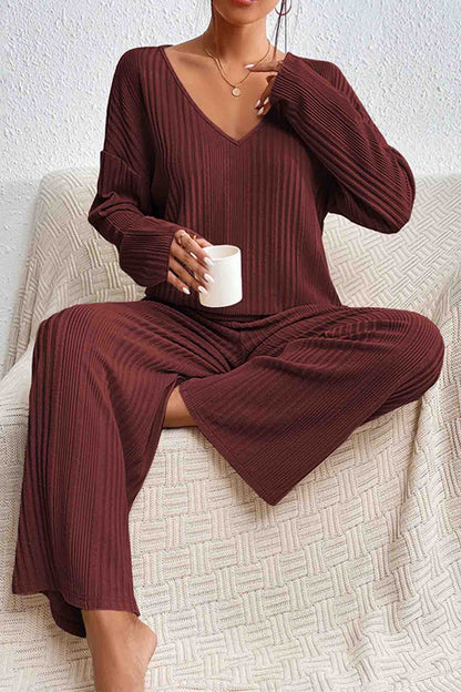 V Neck Ribbed Long Sleeve Two-piece Set