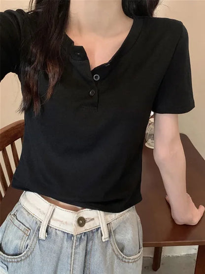 T-shirt Open Button Short Sleeve Crop Top Clothing Basic T Shirt Skinny White Slim Female Tops