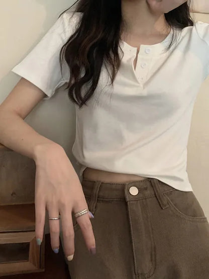 T-shirt Open Button Short Sleeve Crop Top Clothing Basic T Shirt Skinny White Slim Female Tops