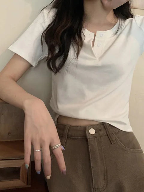 T-shirt Open Button Short Sleeve Crop Top Clothing Basic T Shirt Skinny White Slim Female Tops