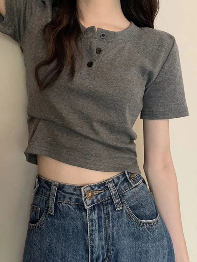 T-shirt Open Button Short Sleeve Crop Top Clothing Basic T Shirt Skinny White Slim Female Tops