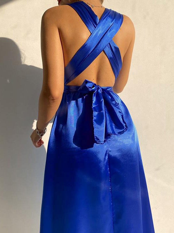 Plain Belted V-neck Bare Back Dress