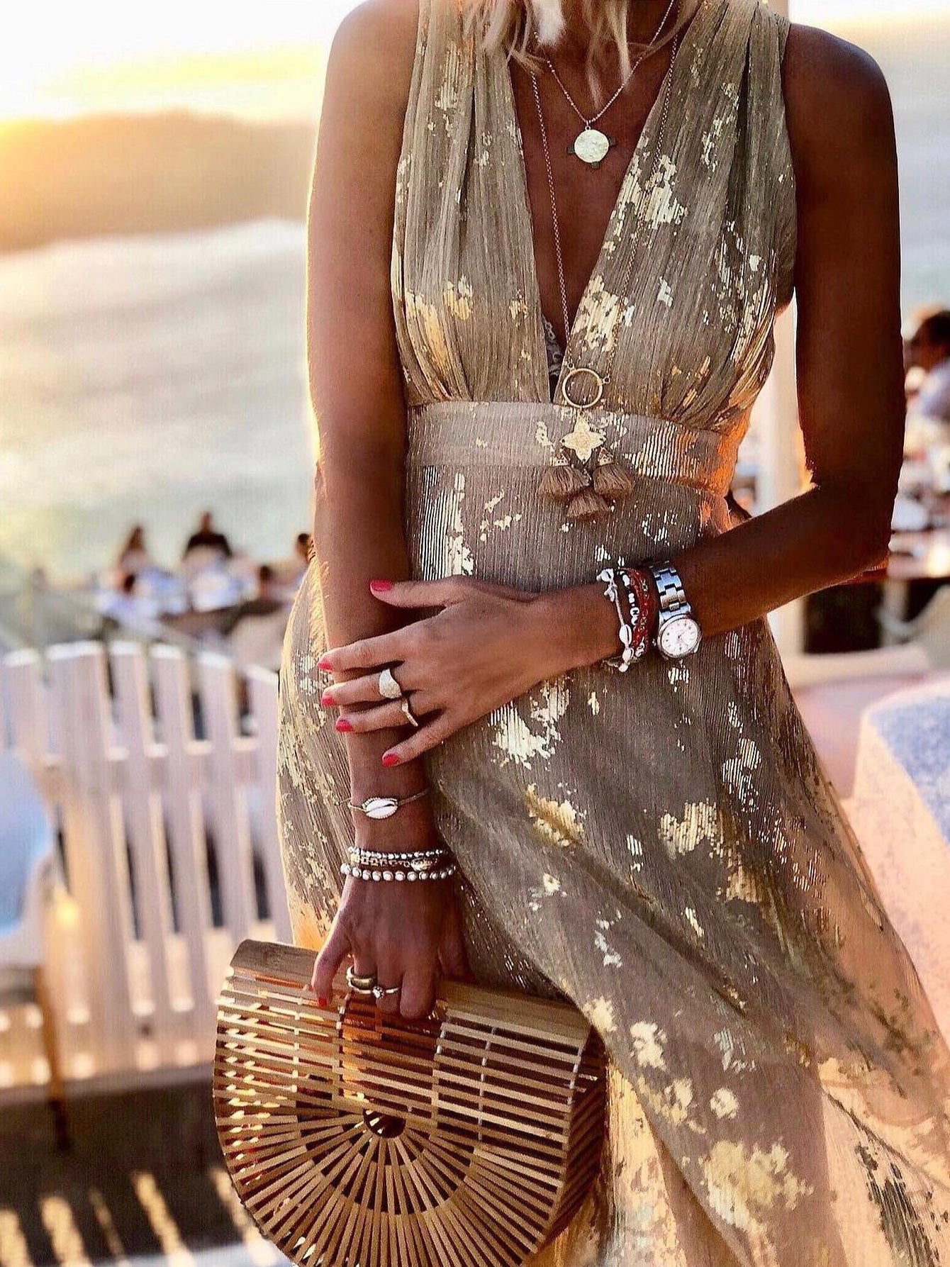 V-neck Print Hot Stamping Maxi Dress
