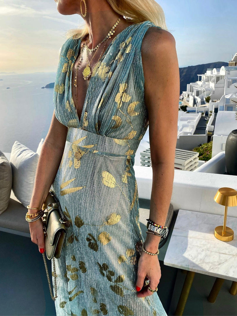 V-neck Print Hot Stamping Maxi Dress