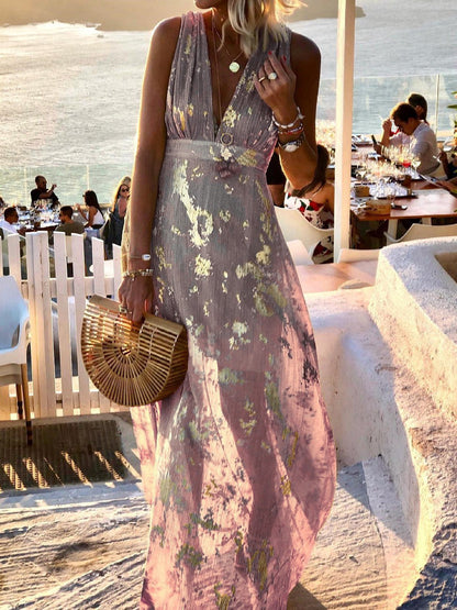 V-neck Print Hot Stamping Maxi Dress