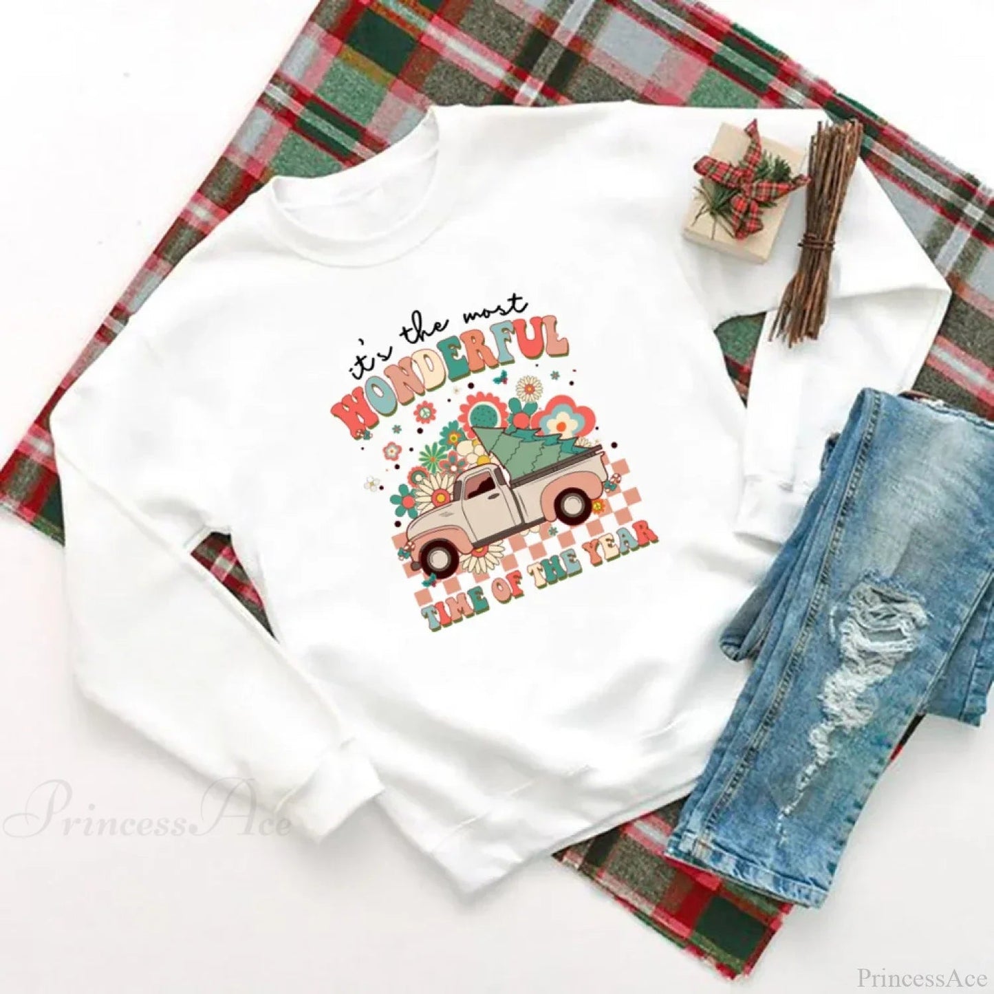 Wonderful Time Printed Party Holiday Sweater Xmas Outfit Christmas Hoodie