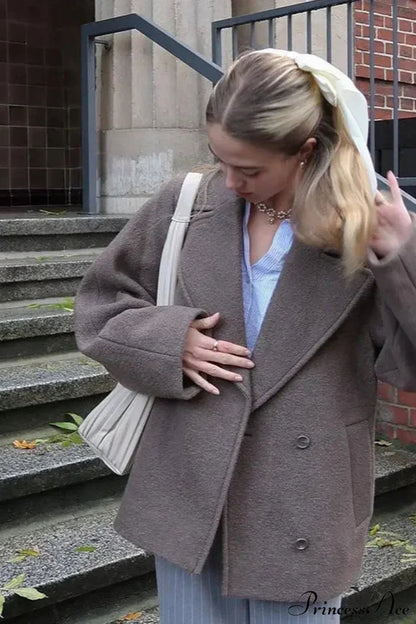 Wool Double Breasted Collared Short Sleeve Coat