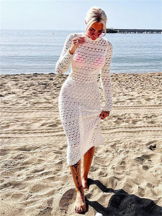 Backless Tie Up Knit Crochet Hollow-out Beach Maxi Dress