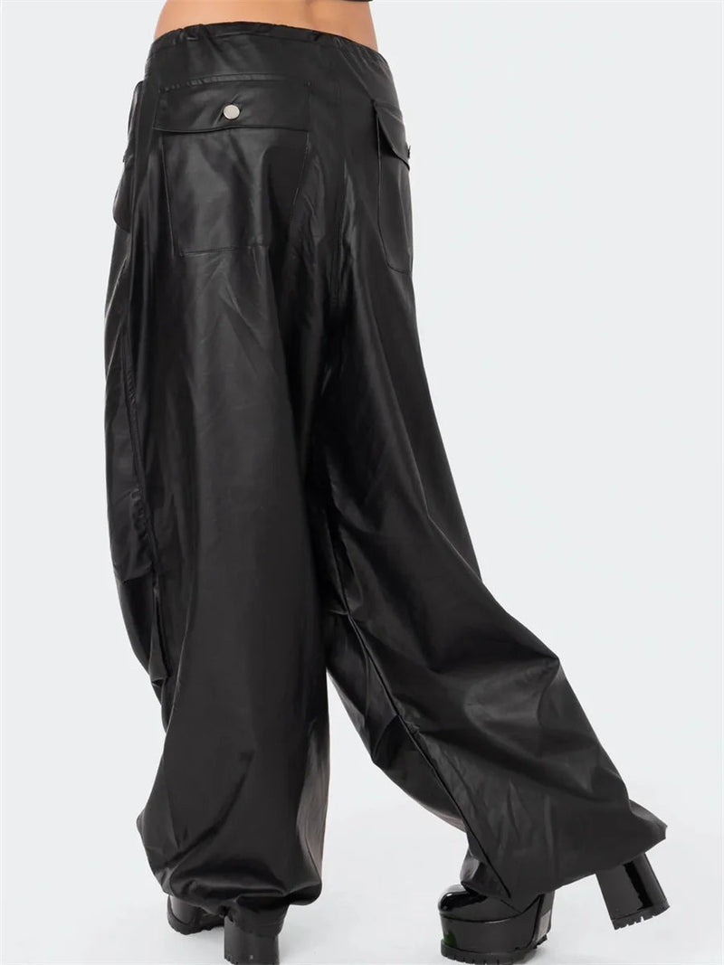 Black Pu Leather Cargo Baggy Low Waist Drawstring Button Long Pants