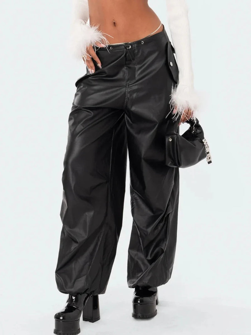 Black Pu Leather Cargo Baggy Low Waist Drawstring Button Long Pants
