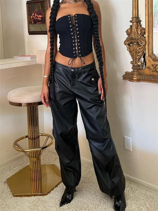 Black Pu Leather Cargo Baggy Low Waist Drawstring Button Long Pants