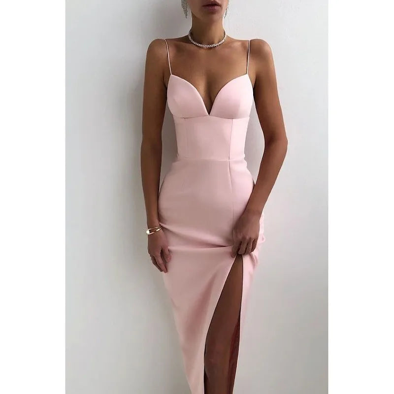 High Slit Bodycon Spaghetti Straps Corset Midi Dress