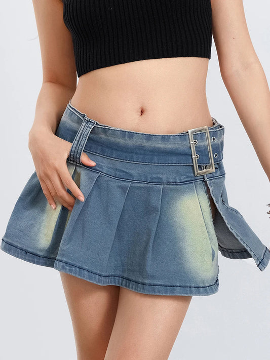 Belted Pleated A-line Skirt