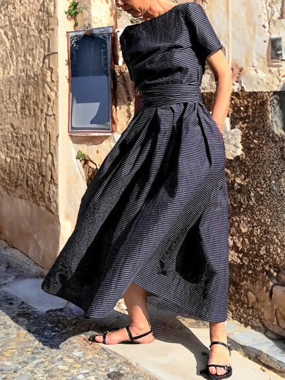 Stripes Short Sleeves Pockets Maxi Dress