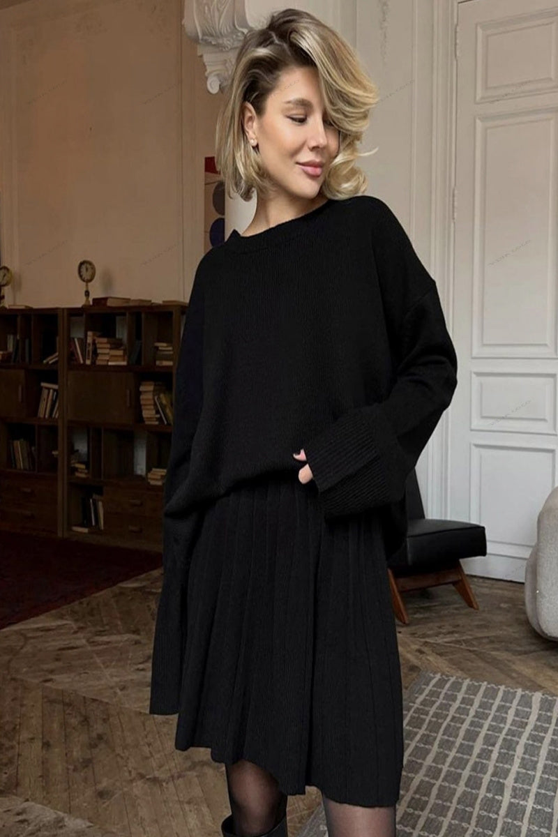 Color Pullover Round Neck Sweater & Pleated Skirt Set