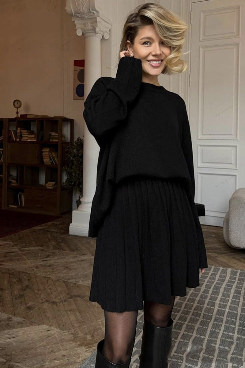 Color Pullover Round Neck Sweater & Pleated Skirt Set