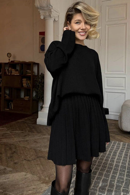 Color Pullover Round Neck Sweater & Pleated Skirt Set
