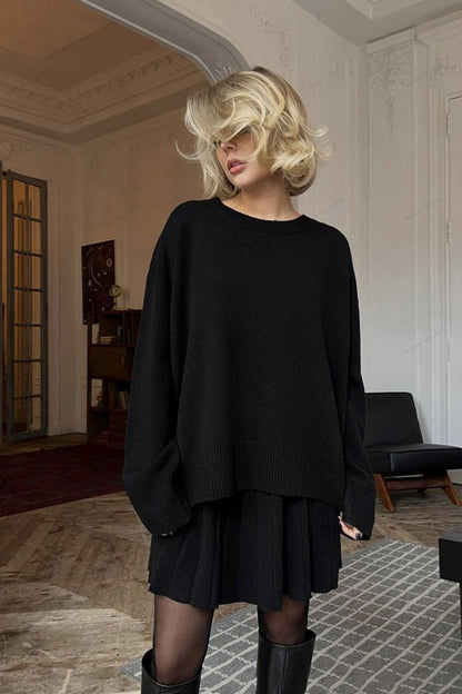 Color Pullover Round Neck Sweater & Pleated Skirt Set