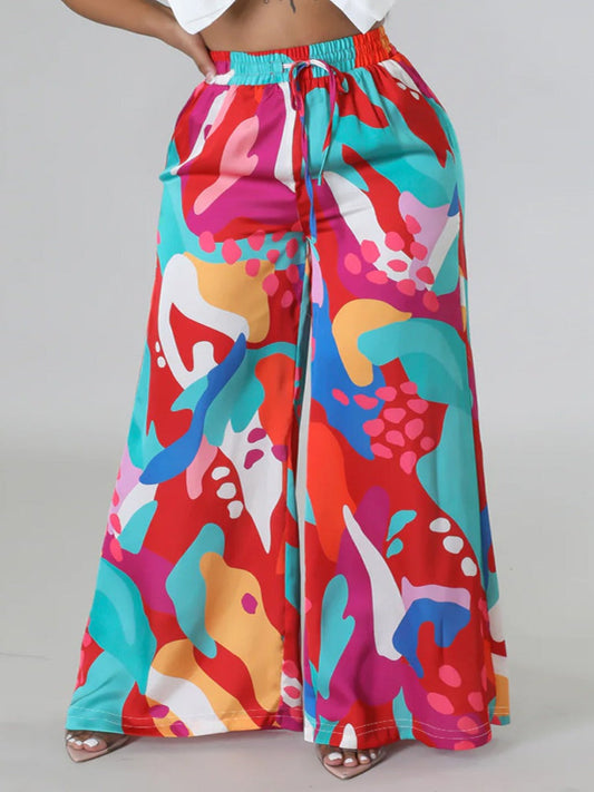 Mixed Print Drawstring Wide Leg Pants At8057