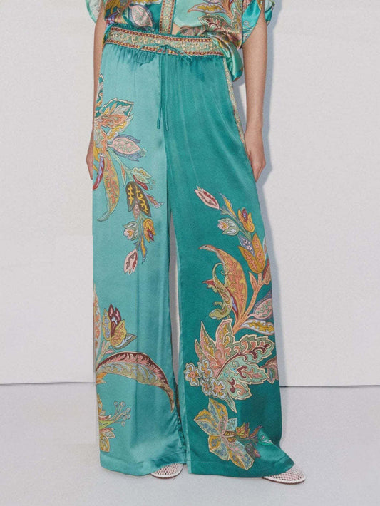 Exquisite Satin Unique Plant Flower Print Loose Wide-leg Pants