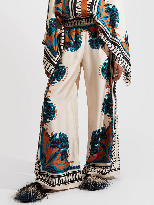 Exquisite Satin Plant Print Loose Wide-leg Pants