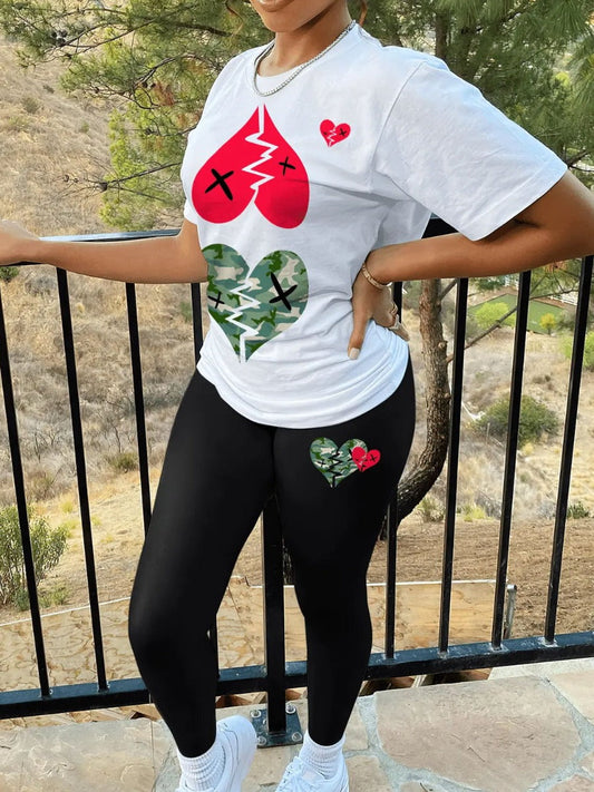 Broken Heart Print Stretchy Pants Set Ar5050