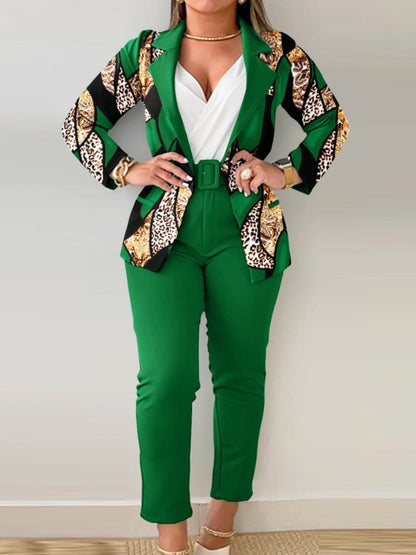 Letter Print Belt Design Blazer Pants Set Bo3021