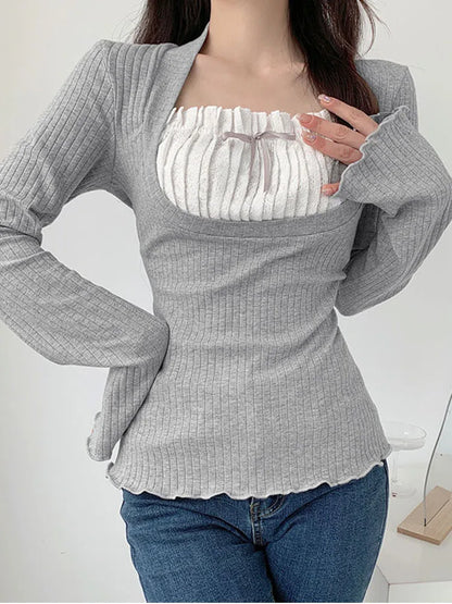 Y2k Lace Patchwork Fake Two Piece T-shirt Flare Long Sleeve Tops Spring Kawaii Clothes Korean Shirt